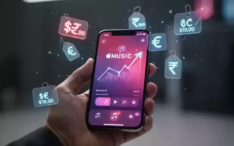 Hand hält Smartphone mit Apple Music, schwebende Währungssymbole und Preisschilder deuten auf gestiegene Kosten hin. - Foto: über boerse-global.de