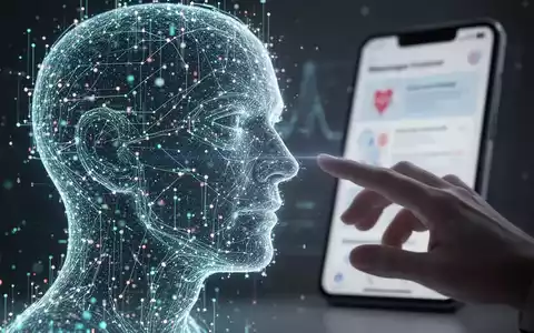 Ein stilisierter menschlicher Kopf aus leuchtenden Datenpunkten, der vor einem verschwommenen Smartphone mit Gesundheitsinhalten schwebt. - Foto: über boerse-global.de