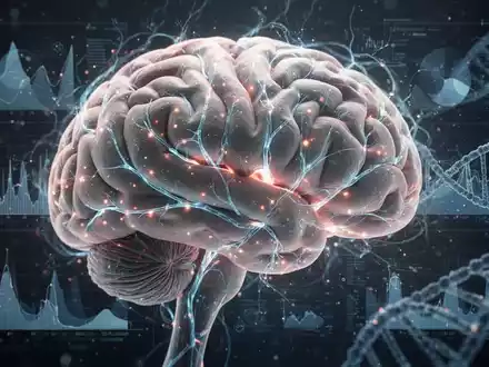 Nahaufnahme eines menschlichen Gehirns mit leuchtenden neuronalen Pfaden, überlagert von Datenvisualisierungen und einer DNA-Helix. - Foto: über boerse-global.de