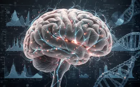 Nahaufnahme eines menschlichen Gehirns mit leuchtenden neuronalen Pfaden, überlagert von Datenvisualisierungen und einer DNA-Helix. - Foto: über boerse-global.de
