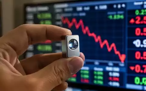 Nahaufnahme einer Hand, die einen seltenen Erdenmagneten hält, mit einem unscharfen Finanzticker im Hintergrund, der einen Abwärtstrend zeigt. - Foto: über boerse-global.de