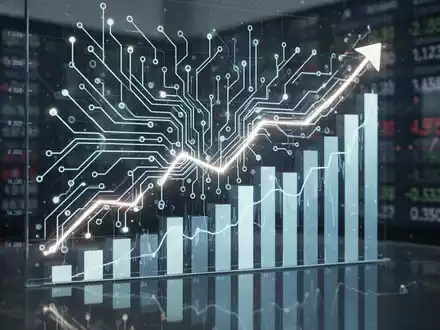 Leuchtende, abstrakte Darstellung eines KI-Neuronalen Netzes, verwoben mit Finanzbalkendiagrammen, symbolisiert den Einfluss von KI auf Investitionen. - Foto: über boerse-global.de
