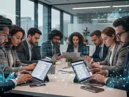 Professionelle E-Learning-Umgebung mit Menschen, die an Laptops und Tablets arbeiten, umgeben von digitalen KI-Visualisierungen. - Foto: über boerse-global.de