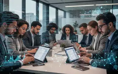 Professionelle E-Learning-Umgebung mit Menschen, die an Laptops und Tablets arbeiten, umgeben von digitalen KI-Visualisierungen. - Foto: über boerse-global.de