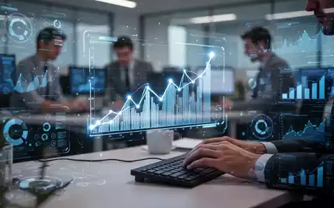 Eine Person arbeitet an einem Computer in einem modernen Büro mit verschwommenen digitalen Grafiken im Hintergrund, die Produktivität und Effizienz symbolisieren. - Foto: über boerse-global.de