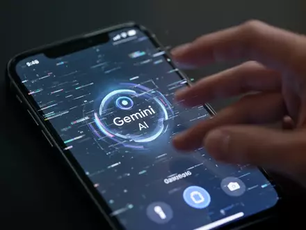 Ein Smartphone-Sperrbildschirm mit einem Gemini AI-Interface, das einen subtilen Glitch-Effekt aufweist. Eine Hand führt eine Multi-Touch-Geste aus. - Foto: über boerse-global.de