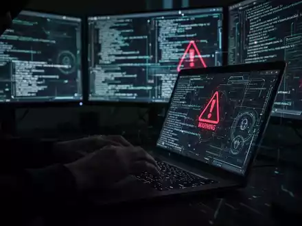 Eine schattenhafte Gestalt tippt auf einem Laptop mit mehreren Bildschirmen, die abstrakten Code und Warnsymbole zeigen, was Cyberkriminalität darstellt. - Foto: über boerse-global.de