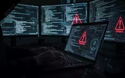 Eine schattenhafte Gestalt tippt auf einem Laptop mit mehreren Bildschirmen, die abstrakten Code und Warnsymbole zeigen, was Cyberkriminalität darstellt. - Foto: über boerse-global.de