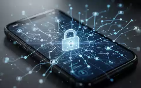 Smartphone-Bildschirm mit digitalem Overlay aus verbundenen Knoten und Linien sowie einem kleinen Vorhängeschloss-Symbol für digitale Sicherheit. - Foto: über boerse-global.de