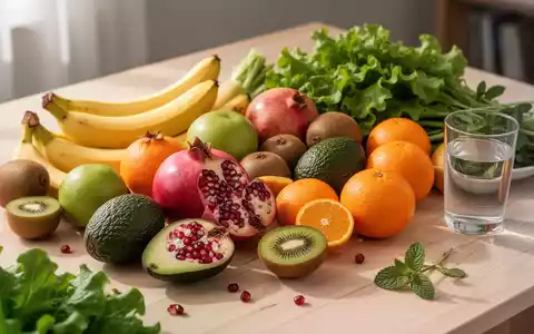 Eine Anordnung von frischem Obst und Gemüse, darunter Bananen, Kiwis, Granatäpfel und Avocados, mit einem Glas Wasser und Minze. - Foto: über boerse-global.de