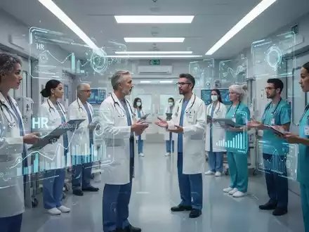 Krankenhauspersonal, das mit holografischen Schnittstellen interagiert, die KI-gestĂŒtzte HR-Daten und Prozessoptimierung anzeigen. - Foto: ĂŒber boerse-global.de