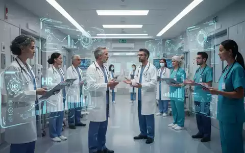 Krankenhauspersonal, das mit holografischen Schnittstellen interagiert, die KI-gestützte HR-Daten und Prozessoptimierung anzeigen. - Foto: über boerse-global.de