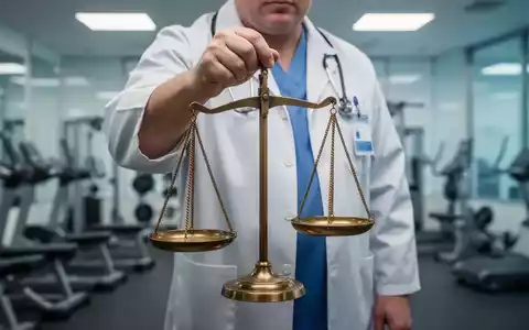 Eine Person hält eine Waage, bei der eine Seite deutlich tiefer ist, im Hintergrund ein Fitnessstudio. - Foto: über boerse-global.de