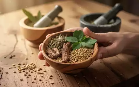 Eine Hand hält eine Holzschale mit ayurvedischen Kräutern wie Guduchi, Vijaysar und Bockshornklee auf einem Holztisch. - Foto: über boerse-global.de