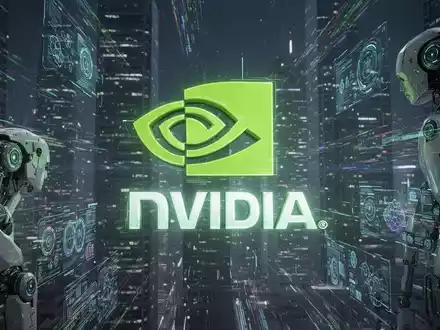 Ein stilisiertes NVIDIA-Logo leuchtet vor einer futuristischen digitalen Stadtlandschaft mit abstrakten Datenströmen und robotischen Elementen. - Foto: über boerse-global.de