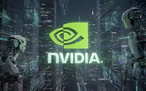 Ein stilisiertes NVIDIA-Logo leuchtet vor einer futuristischen digitalen Stadtlandschaft mit abstrakten Datenströmen und robotischen Elementen. - Foto: über boerse-global.de