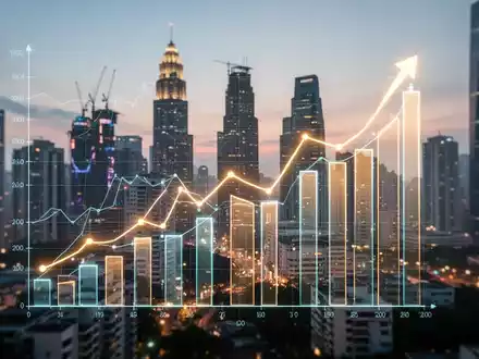 Digitales Diagramm mit Wachstumstrend über unscharfen Stadtlandschaften aufstrebender Märkte bei Sonnenuntergang. - Foto: über boerse-global.de