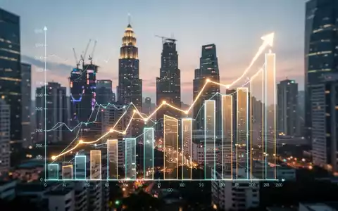 Digitales Diagramm mit Wachstumstrend über unscharfen Stadtlandschaften aufstrebender Märkte bei Sonnenuntergang. - Foto: über boerse-global.de