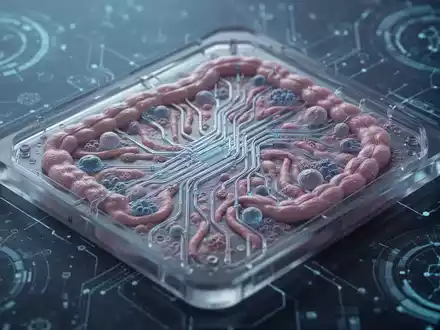 Nahaufnahme eines Mikrochips, der Darmgewebe simuliert, mit feinen Kanälen und zellulären Strukturen, beleuchtet von blauem Licht. - Foto: über boerse-global.de