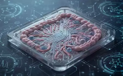 Nahaufnahme eines Mikrochips, der Darmgewebe simuliert, mit feinen Kanälen und zellulären Strukturen, beleuchtet von blauem Licht. - Foto: über boerse-global.de