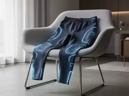 Ein Paar hellgraue, futuristisch aussehende Kompressionshosen für die Lymphdrainage liegt auf einem modernen Stuhl in einem hellen Raum. - Foto: über boerse-global.de