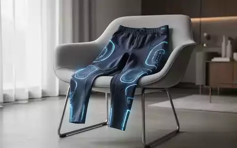 Ein Paar hellgraue, futuristisch aussehende Kompressionshosen für die Lymphdrainage liegt auf einem modernen Stuhl in einem hellen Raum. - Foto: über boerse-global.de