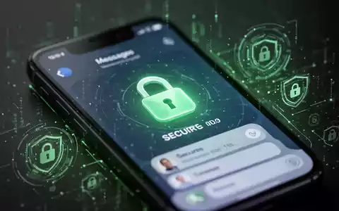Smartphone-Bildschirm mit sicherer Messaging-App und Vorhängeschloss-Symbol, umgeben von abstrakten digitalen Sicherheitselementen und grünem Leuchten. - Foto: über boerse-global.de