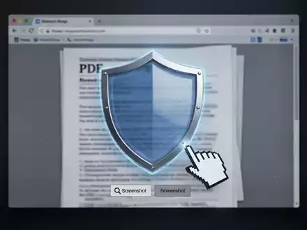 Digitales Schildsymbol über einem unscharfen PDF in einem Browserfenster mit ausgegrautem Screenshot-Button, symbolisiert Datenschutz. - Foto: über boerse-global.de
