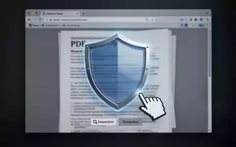 Digitales Schildsymbol über einem unscharfen PDF in einem Browserfenster mit ausgegrautem Screenshot-Button, symbolisiert Datenschutz. - Foto: über boerse-global.de