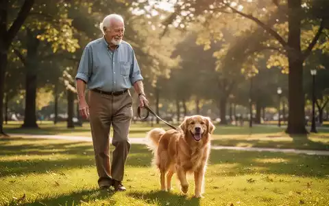 Ein lĂ€chelnder Ă€lterer Mann spaziert mit einem Hund an der Leine durch einen sonnigen Park, der Fokus liegt auf ihrer Interaktion. - Foto: ĂŒber boerse-global.de