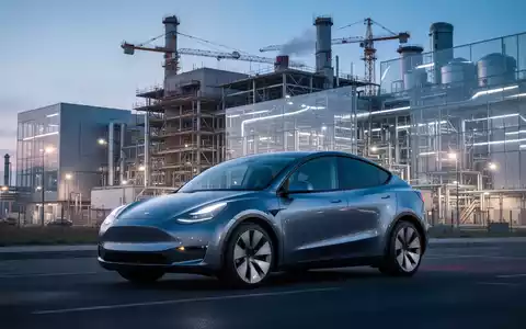 Ein Tesla Model Y steht vor einer modernen Autofabrik bei Sonnenuntergang und symbolisiert Wachstum und Innovation in der E-Mobilität. - Foto: über boerse-global.de