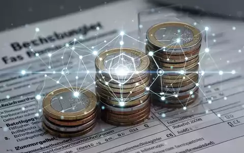 Ein stilisiertes Blockchain-Netzwerk über Euro-Münzen mit einem unscharfen deutschen Steuerdokument im Hintergrund. - Foto: über boerse-global.de