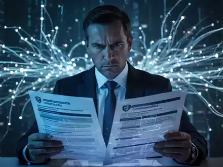 Ein Geschäftsleiter mit ernstem Blick prüft Dokumente, umgeben von digitalen Netzwerken und blauen Lichtern, die Cybersicherheit symbolisieren. - Foto: über boerse-global.de