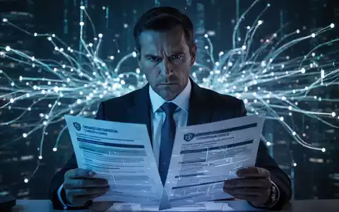 Ein Geschäftsleiter mit ernstem Blick prüft Dokumente, umgeben von digitalen Netzwerken und blauen Lichtern, die Cybersicherheit symbolisieren. - Foto: über boerse-global.de
