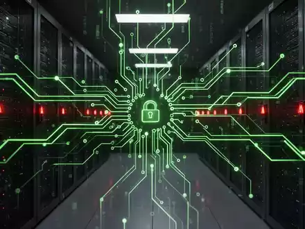 Leuchtend grünes Leiterplattennetzwerk über dunklem Serverraum mit roten Warnlichtern, symbolisiert hochentwickelte Malware-Bedrohung. - Foto: über boerse-global.de