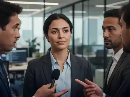 Eine Nahaufnahme einer Interviewszene im Büro mit drei Personen, die subtile Gesichtsausdrücke zeigen. - Foto: über boerse-global.de