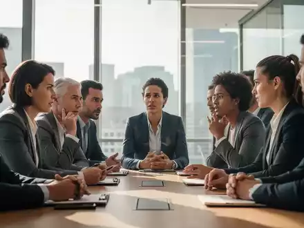 Eine Gruppe von Fachkräften in einem Workshop, die sich intensiv austauschen, symbolisiert Gesprächsführung und Konfliktbewältigung. - Foto: über boerse-global.de