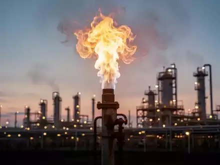 Eine Gasfackel brennt hell vor einem Dämmerungshimmel, im Hintergrund eine Erdgasaufbereitungsanlage. - Foto: über boerse-global.de