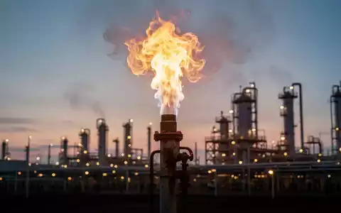Eine Gasfackel brennt hell vor einem Dämmerungshimmel, im Hintergrund eine Erdgasaufbereitungsanlage. - Foto: über boerse-global.de