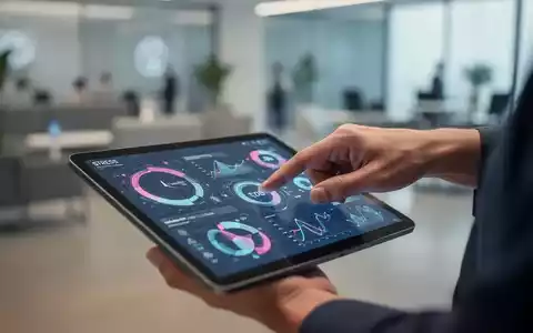 Eine Hand berührt ein Tablet, das Daten zu Stress und Gesundheit anzeigt. Im Hintergrund ein unscharfes Büro. - Foto: über boerse-global.de