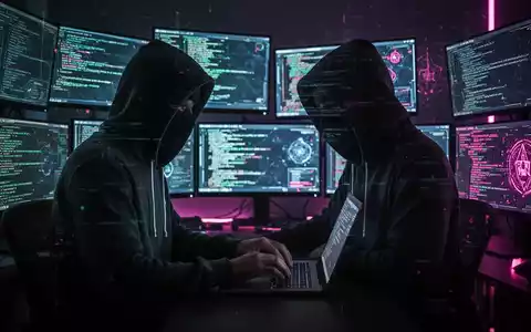 Eine Person mit Kapuze sitzt vor mehreren Bildschirmen in einem dunklen Raum und tippt auf einem Laptop, um Cyberkriminalität darzustellen. - Foto: über boerse-global.de