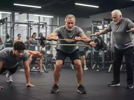 Menschen unterschiedlichen Alters, die verschiedene Bauchmuskelübungen wie Planks und Widerstandsbandübungen durchführen, in einem Fitnessstudio. - Foto: über boerse-global.de