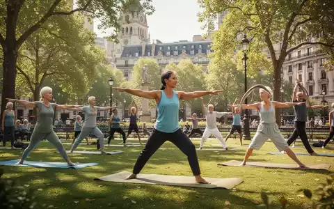Verschiedene Menschen unterschiedlichen Alters nehmen an kostenlosen Outdoor-Sportkursen in einem sonnigen Stadtpark teil. - Foto: ĂŒber boerse-global.de