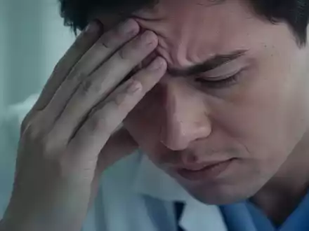 Nahaufnahme der Hand einer Person, die ihre Stirn berührt, was chronische Schmerzen und Erschöpfung symbolisiert. - Foto: über boerse-global.de