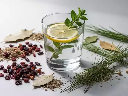 Ein Glas Wasser mit Zitrone und Kräutern, umgeben von getrockneten Kräutern auf hellem Untergrund, symbolisiert natürliche Heilmittel. - Foto: über boerse-global.de