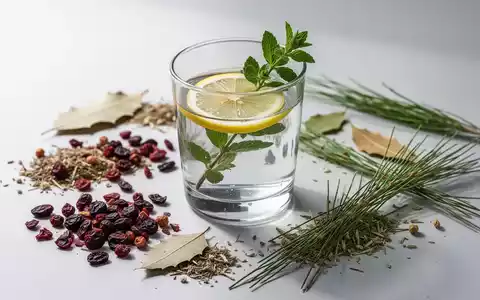 Ein Glas Wasser mit Zitrone und Kräutern, umgeben von getrockneten Kräutern auf hellem Untergrund, symbolisiert natürliche Heilmittel. - Foto: über boerse-global.de