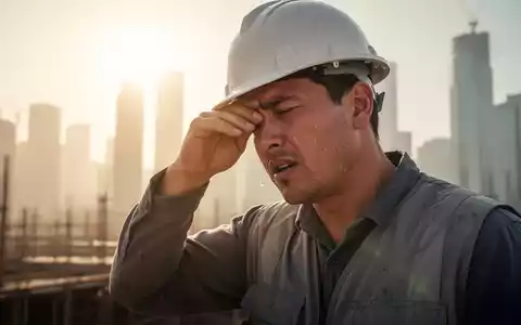 Ein erschöpfter Bauarbeiter wischt sich den Schweiß von der Stirn unter der sengenden Sonne, mit Hitzeschleier im Hintergrund. - Foto: über boerse-global.de