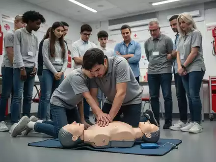 Eine Gruppe von Menschen übt Erste Hilfe, wobei eine Person an einer Puppe CPR durchführt und andere aufmerksam zuschauen. - Foto: über boerse-global.de