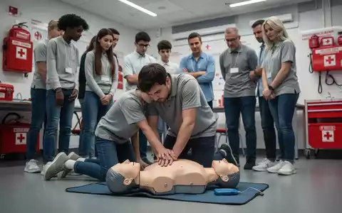 Eine Gruppe von Menschen übt Erste Hilfe, wobei eine Person an einer Puppe CPR durchführt und andere aufmerksam zuschauen. - Foto: über boerse-global.de