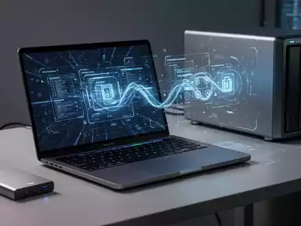 Ein modernes MacBook Pro M4 Max, eine externe SSD und ein NAS-Gerät auf einem Schreibtisch, als Symbol für Datensicherungslösungen. - Foto: über boerse-global.de